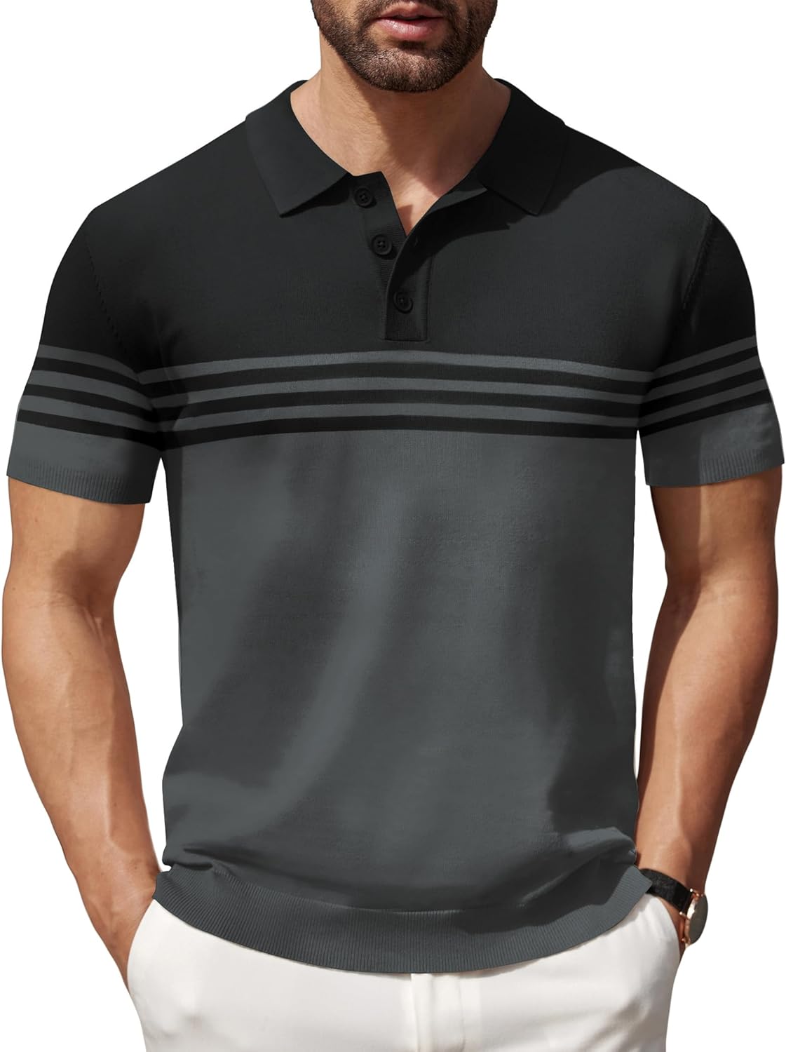 Camisa polo ligera a rayas para hombre - Camiseta de golf informal manga corta con cuello - Imagen 99 de 164