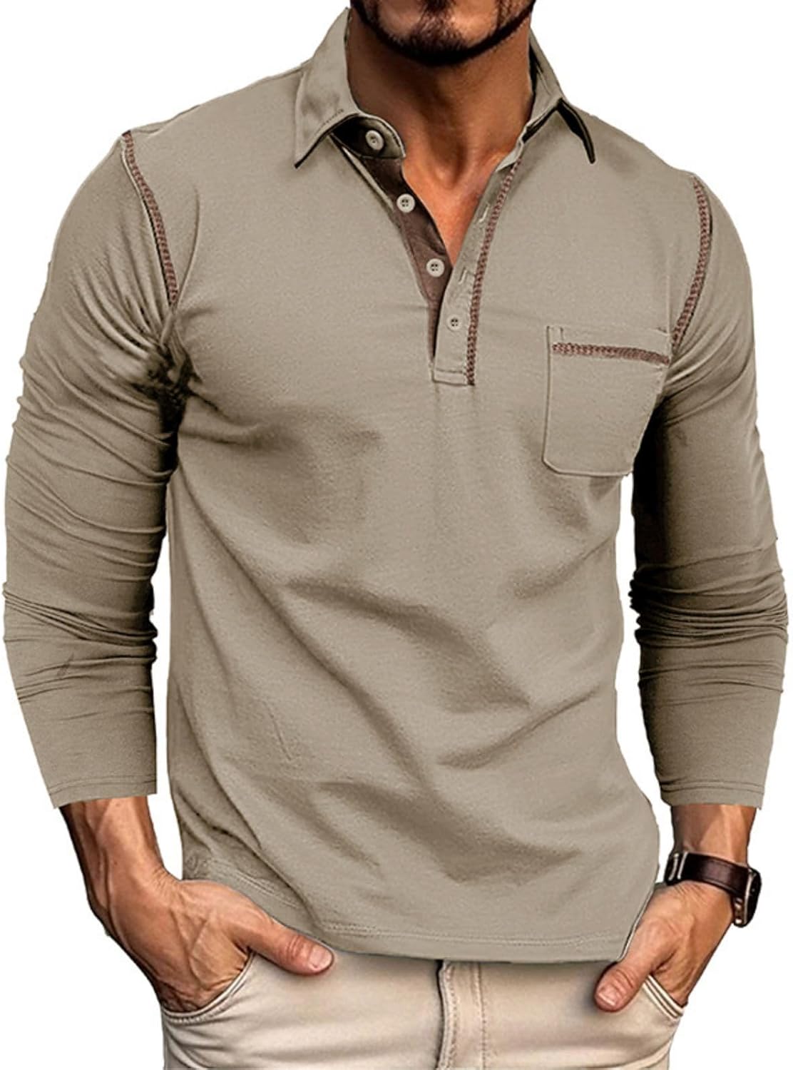 Men's Classic Long Sleeve Casual Polo Shirt Lightweight Cotton Golf Top - Picture 33 of 49