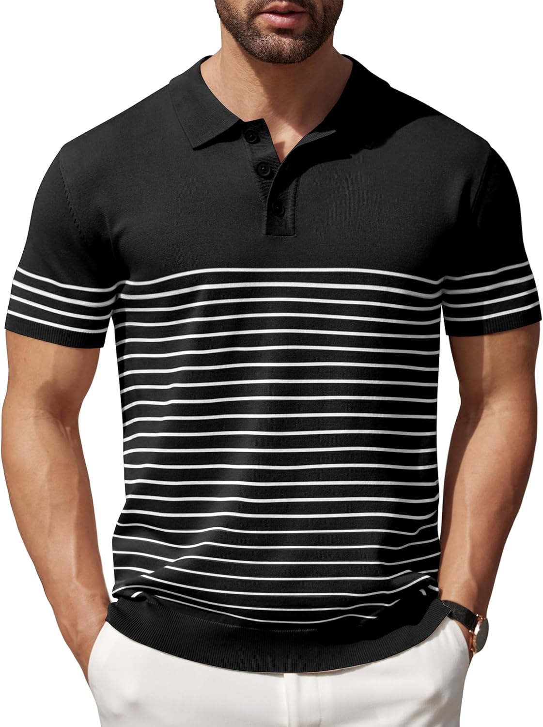Camisa polo ligera a rayas para hombre - Camiseta de golf informal manga corta con cuello - Imagen 104 de 164