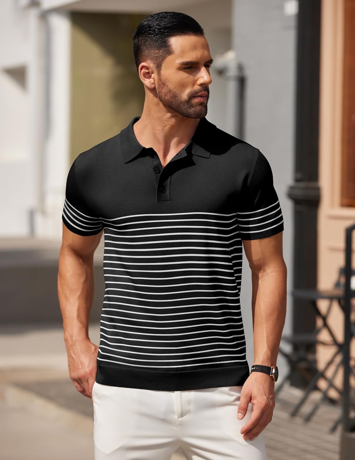 Camisa polo ligera a rayas para hombre - Camiseta de golf informal manga corta con cuello - Imagen 105 de 164