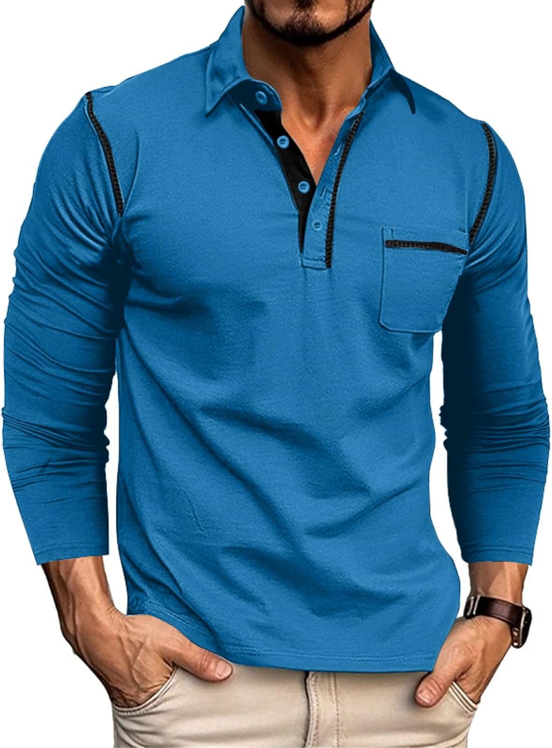 Men's Classic Long Sleeve Casual Polo Shirt Lightweight Cotton Golf Top - Picture 37 of 49