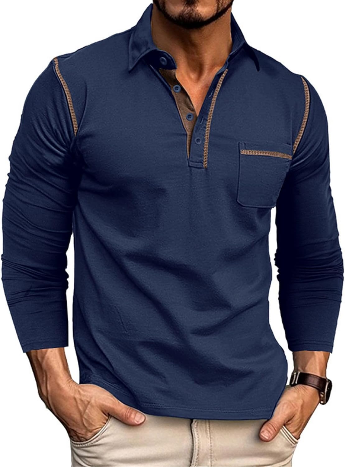 Men's Classic Long Sleeve Casual Polo Shirt Lightweight Cotton Golf Top - Picture 38 of 49