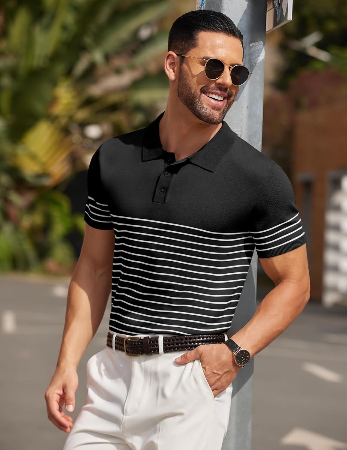 Camisa polo ligera a rayas para hombre - Camiseta de golf informal manga corta con cuello - Imagen 107 de 164