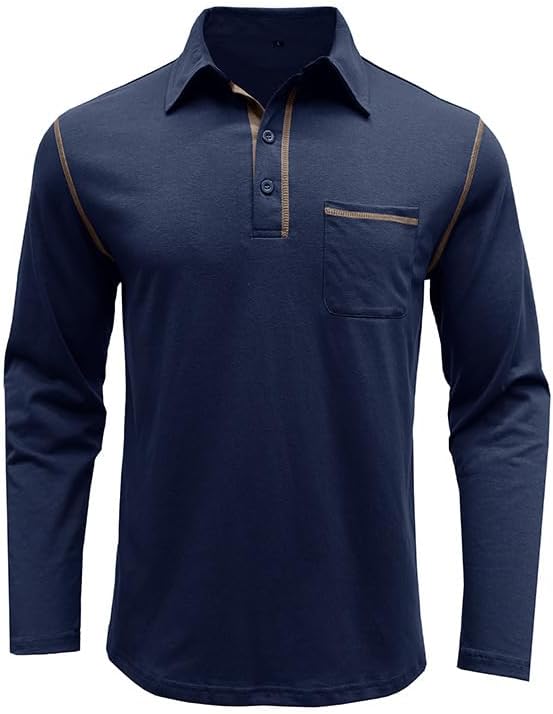 Men's Classic Long Sleeve Casual Polo Shirt Lightweight Cotton Golf Top - Picture 39 of 49