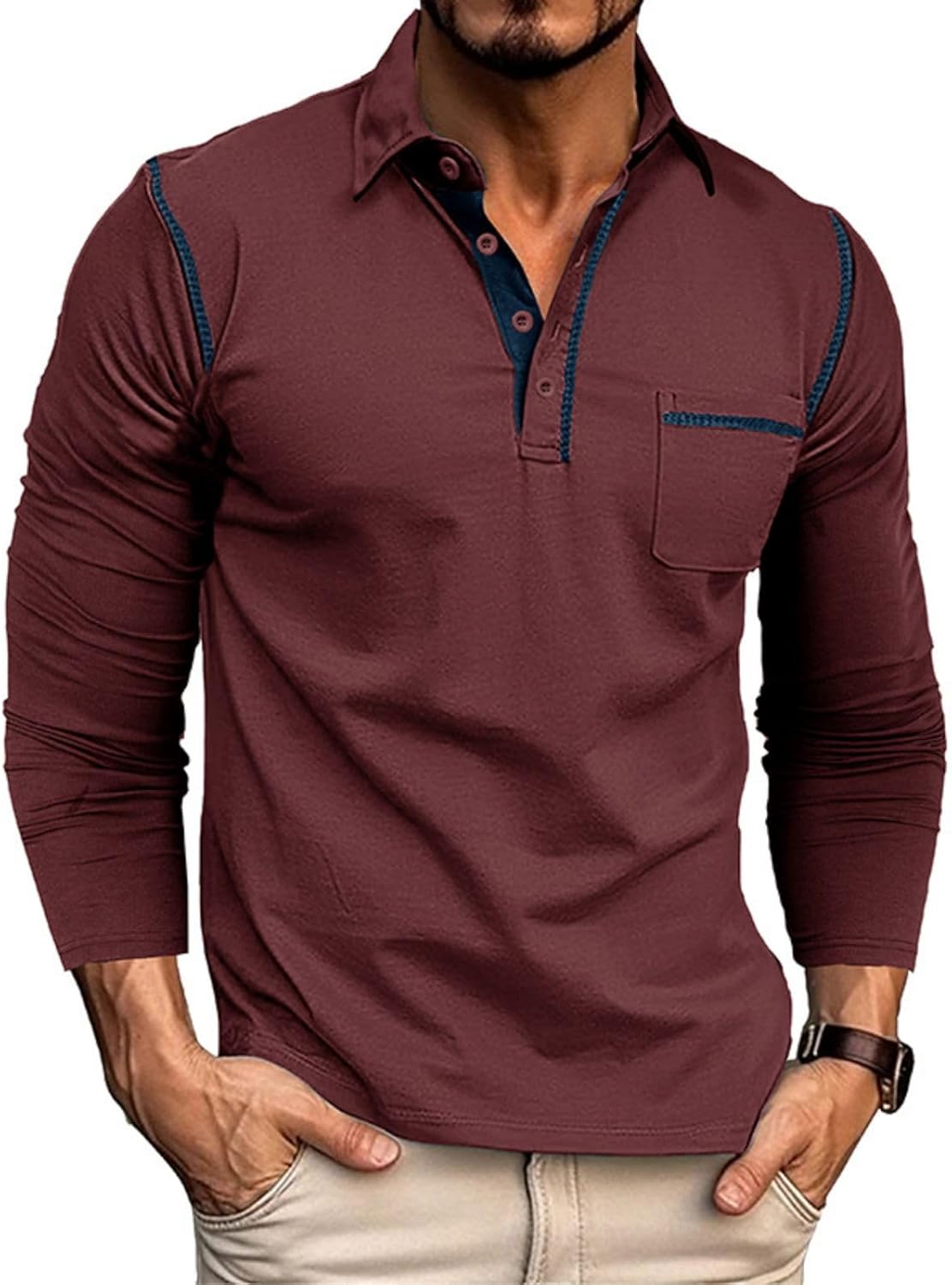 Men's Classic Long Sleeve Casual Polo Shirt Lightweight Cotton Golf Top - Picture 42 of 49
