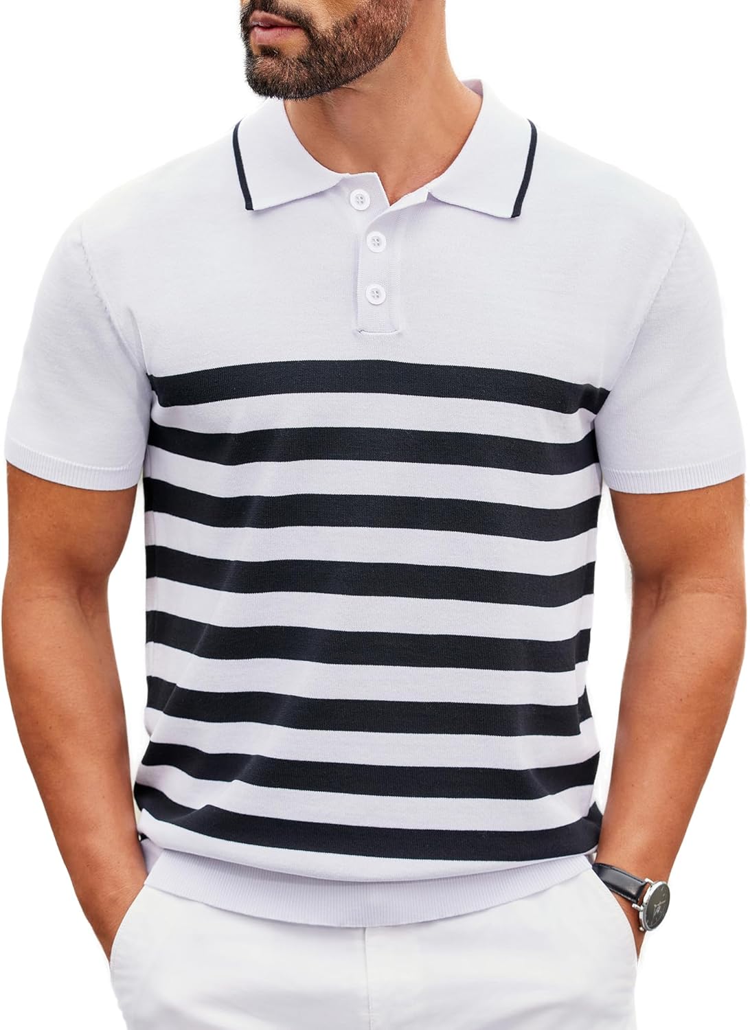 Camisa polo ligera a rayas para hombre - Camiseta de golf informal manga corta con cuello - Imagen 110 de 164