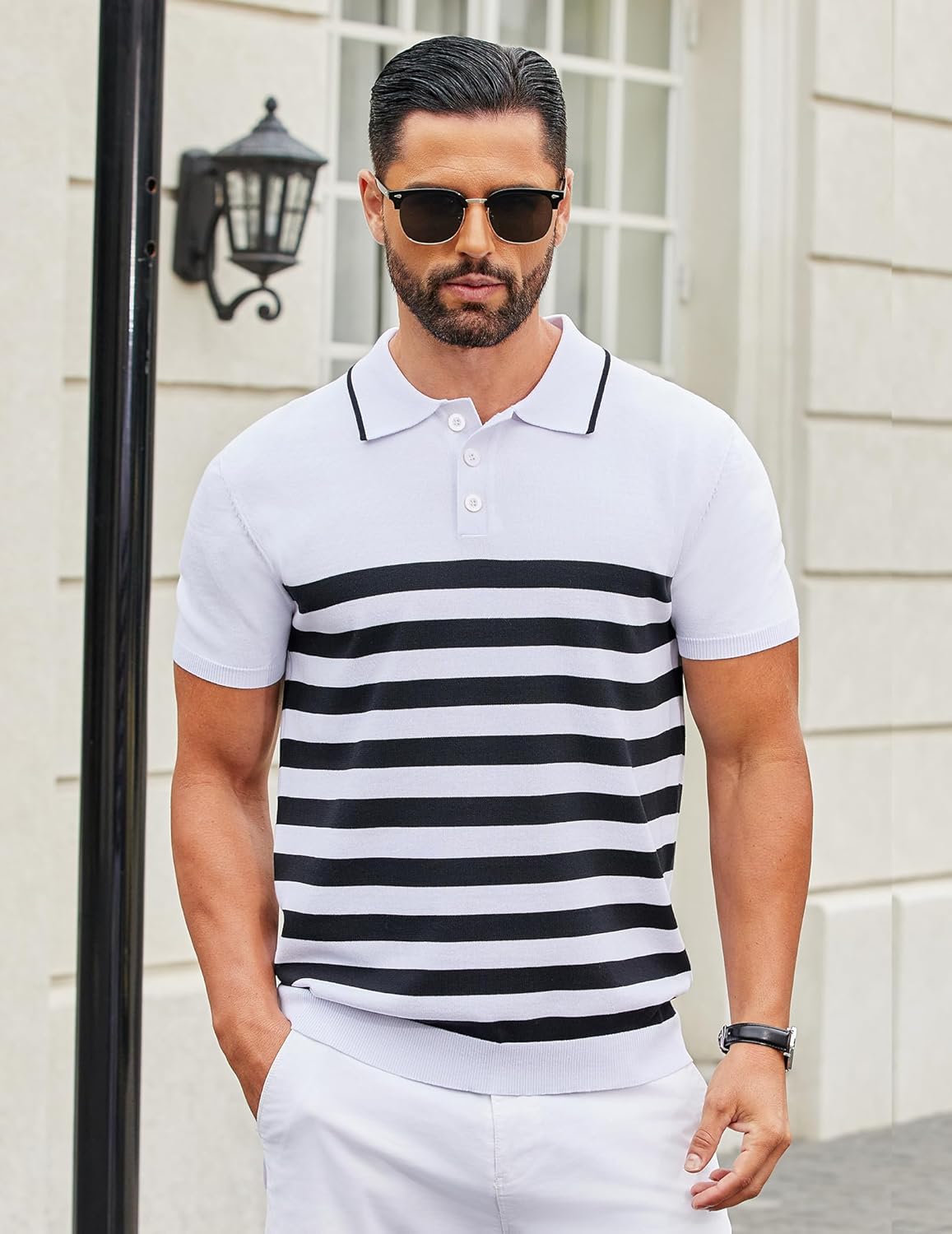 Camisa polo ligera a rayas para hombre - Camiseta de golf informal manga corta con cuello - Imagen 111 de 164