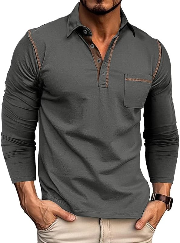 Men's Classic Long Sleeve Casual Polo Shirt Lightweight Cotton Golf Top - Picture 46 of 49