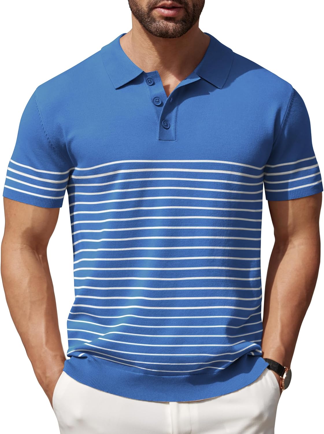 Camisa polo ligera a rayas para hombre - Camiseta de golf informal manga corta con cuello - Imagen 118 de 164