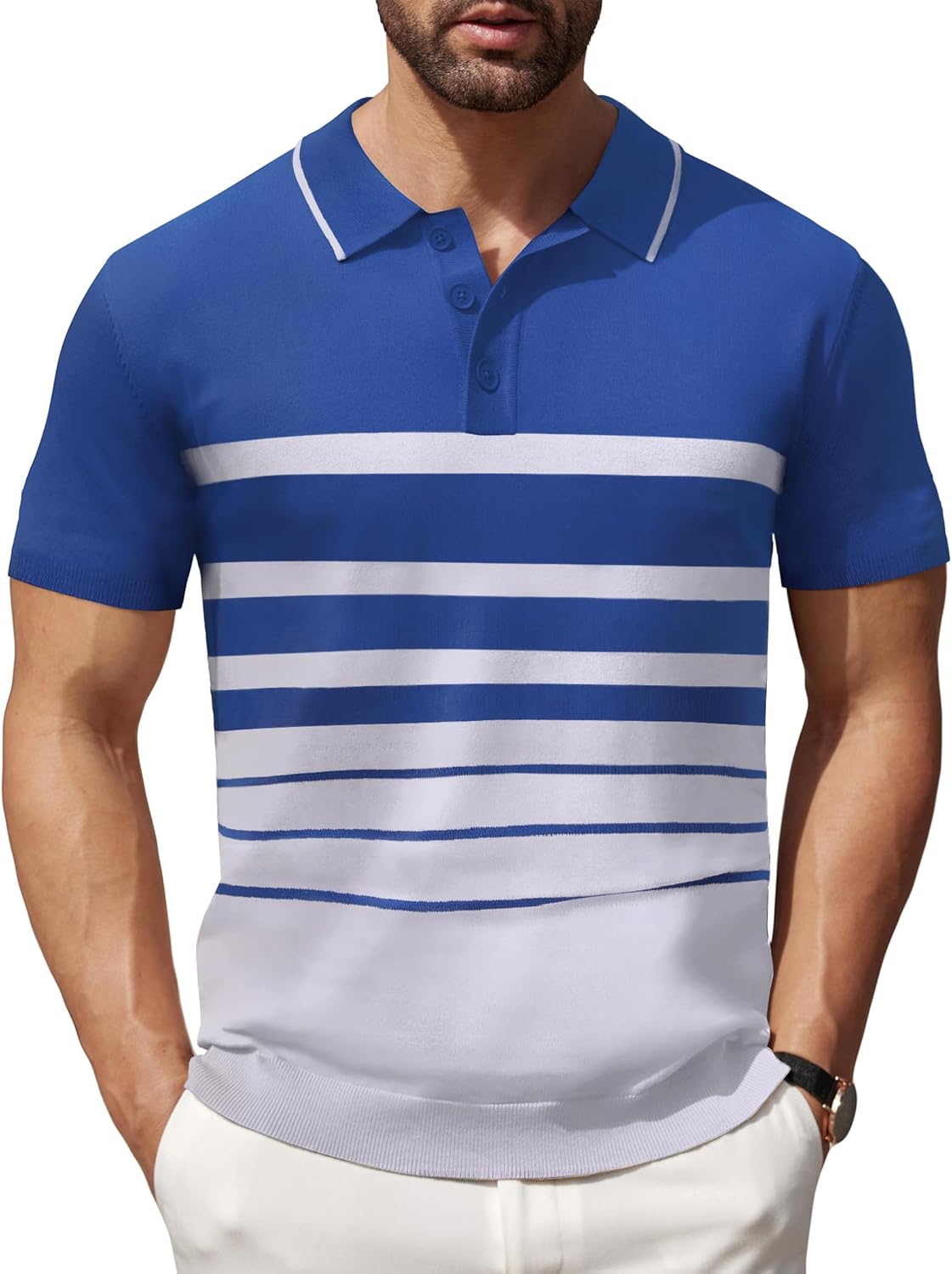 Camisa polo ligera a rayas para hombre - Camiseta de golf informal manga corta con cuello - Imagen 124 de 164