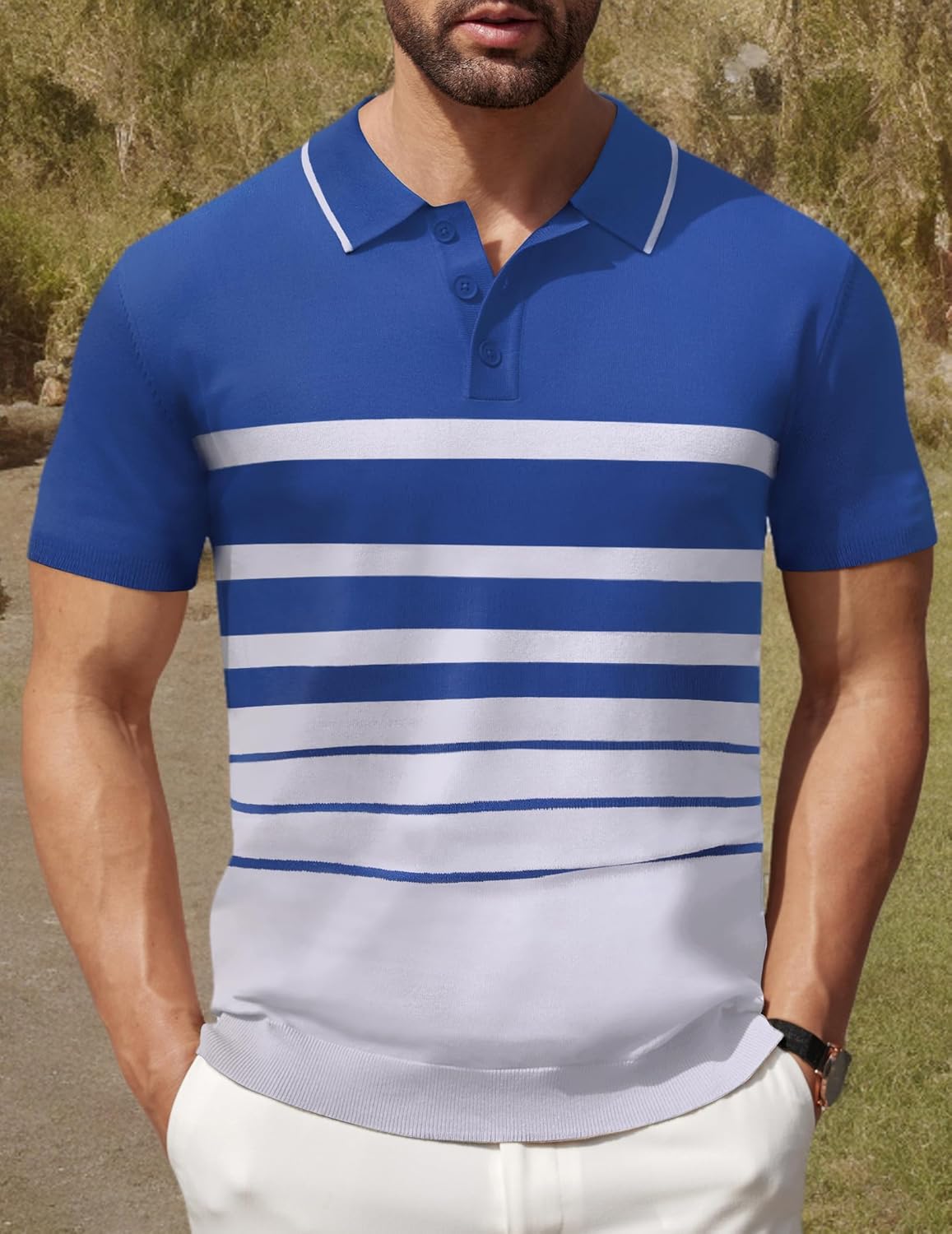 Camisa polo ligera a rayas para hombre - Camiseta de golf informal manga corta con cuello - Imagen 129 de 164