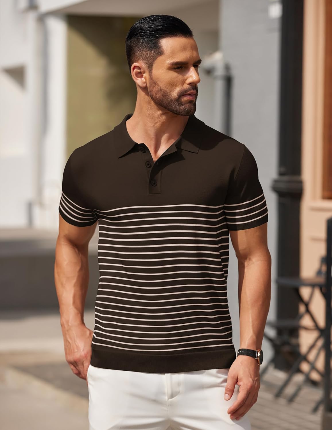 Camisa polo ligera a rayas para hombre - Camiseta de golf informal manga corta con cuello - Imagen 131 de 164