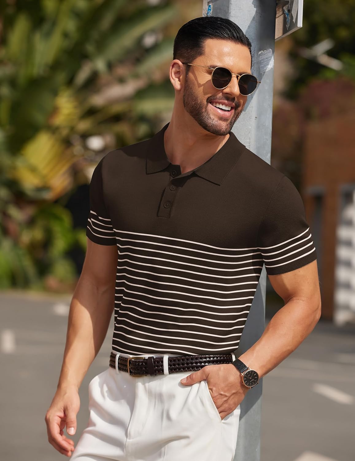 Camisa polo ligera a rayas para hombre - Camiseta de golf informal manga corta con cuello - Imagen 133 de 164