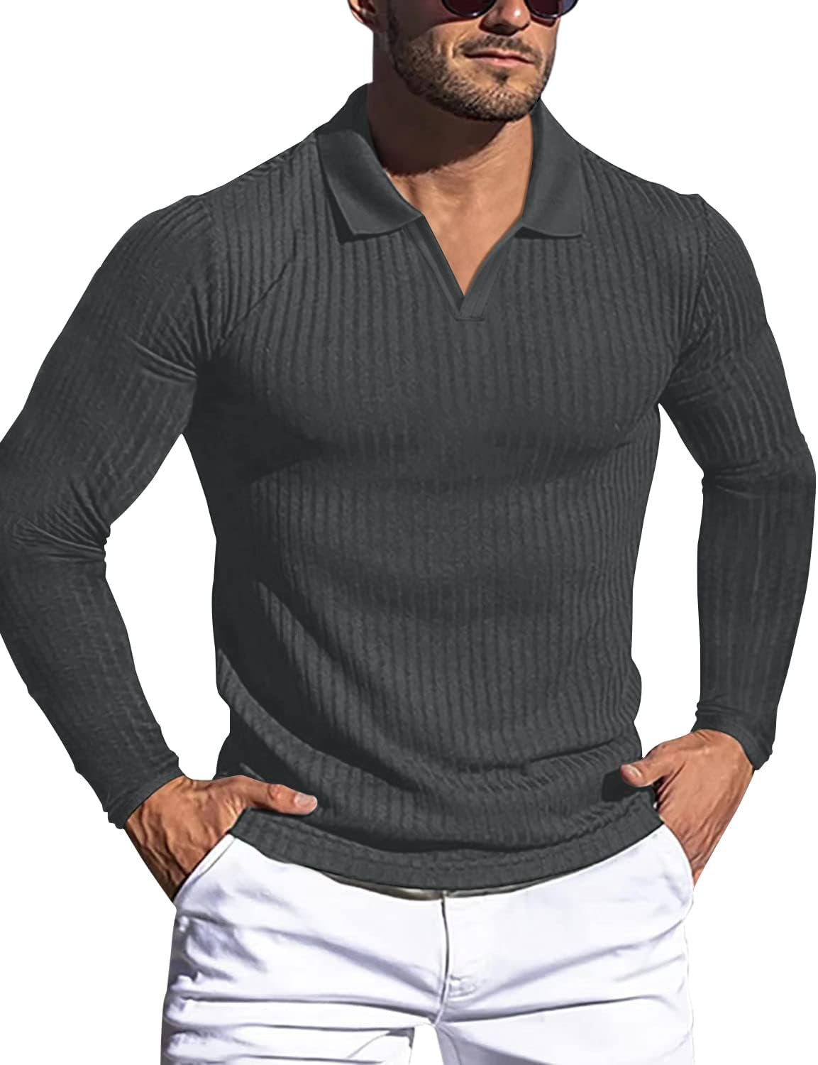Men's Slim Fit Muscle V Neck Polo Shirt - Short Long Sleeve Cotton Golf Tee - Picture 75 of 162
