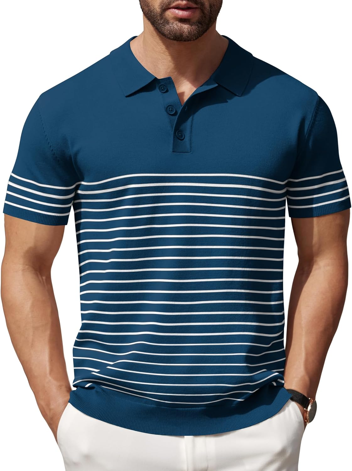 Camisa polo ligera a rayas para hombre - Camiseta de golf informal manga corta con cuello - Imagen 138 de 164