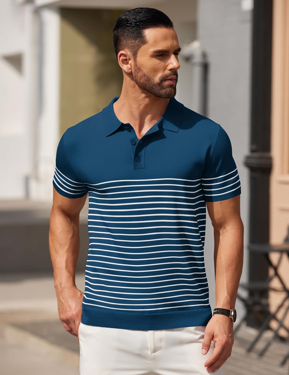 Camisa polo ligera a rayas para hombre - Camiseta de golf informal manga corta con cuello - Imagen 139 de 164