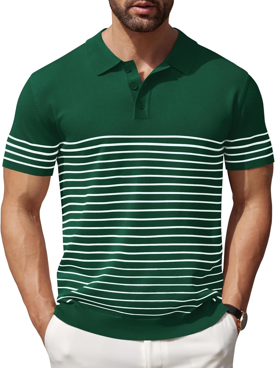 Camisa polo ligera a rayas para hombre - Camiseta de golf informal manga corta con cuello - Imagen 145 de 164