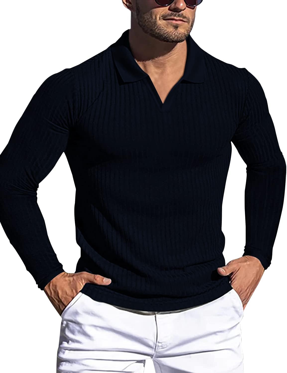 Men's Slim Fit Muscle V Neck Polo Shirt - Short Long Sleeve Cotton Golf Tee - Picture 81 of 162