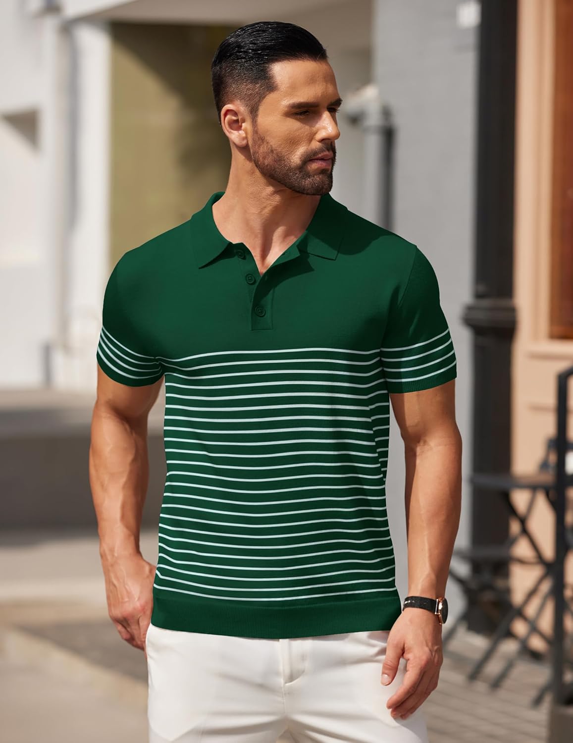 Camisa polo ligera a rayas para hombre - Camiseta de golf informal manga corta con cuello - Imagen 146 de 164