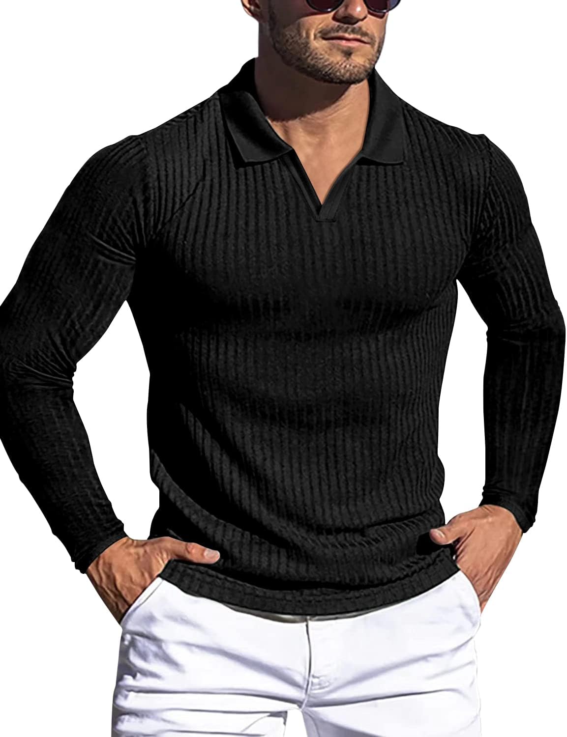 Men's Slim Fit Muscle V Neck Polo Shirt - Short Long Sleeve Cotton Golf Tee - Picture 84 of 162