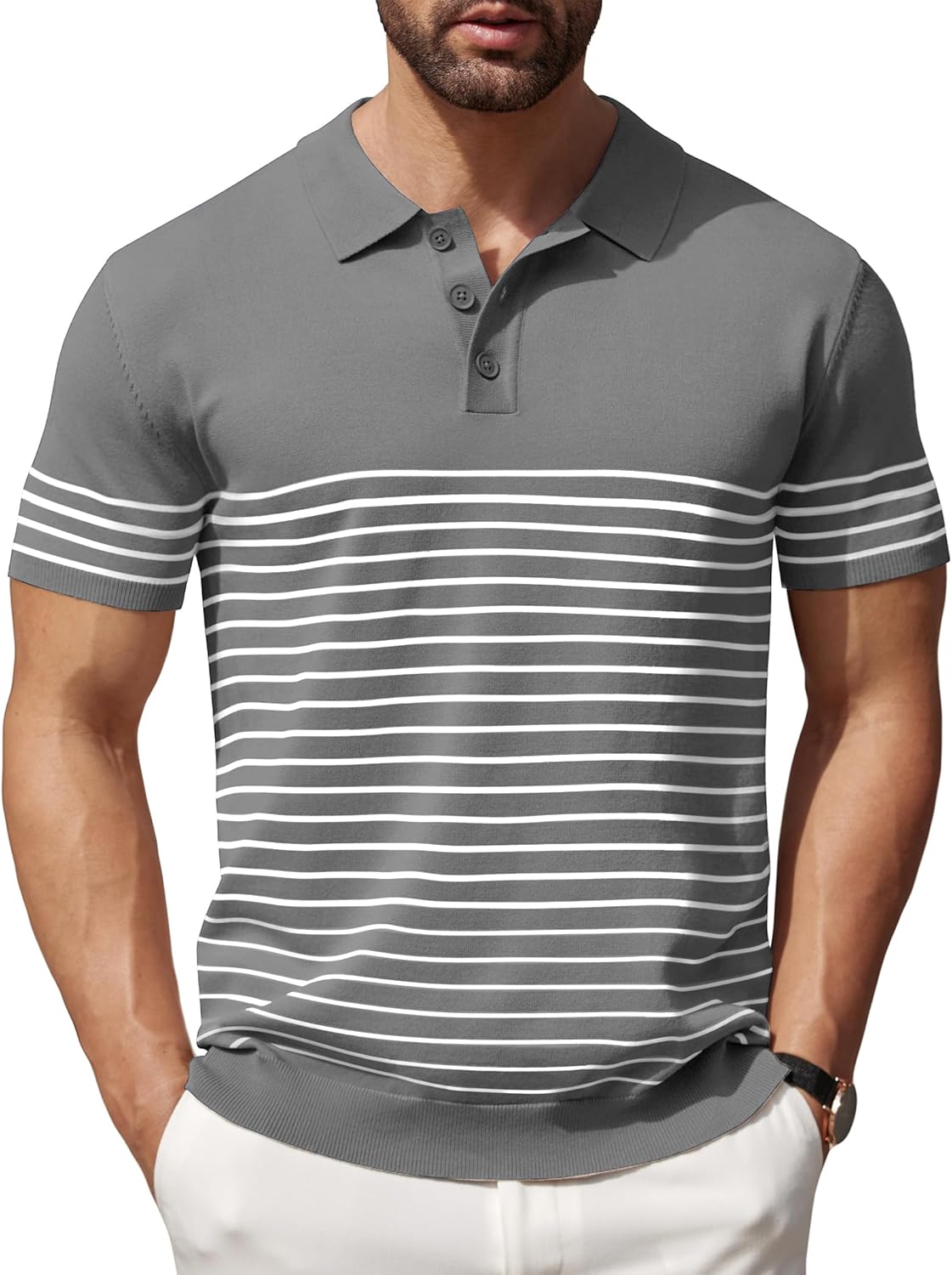 Camisa polo ligera a rayas para hombre - Camiseta de golf informal manga corta con cuello - Imagen 152 de 164