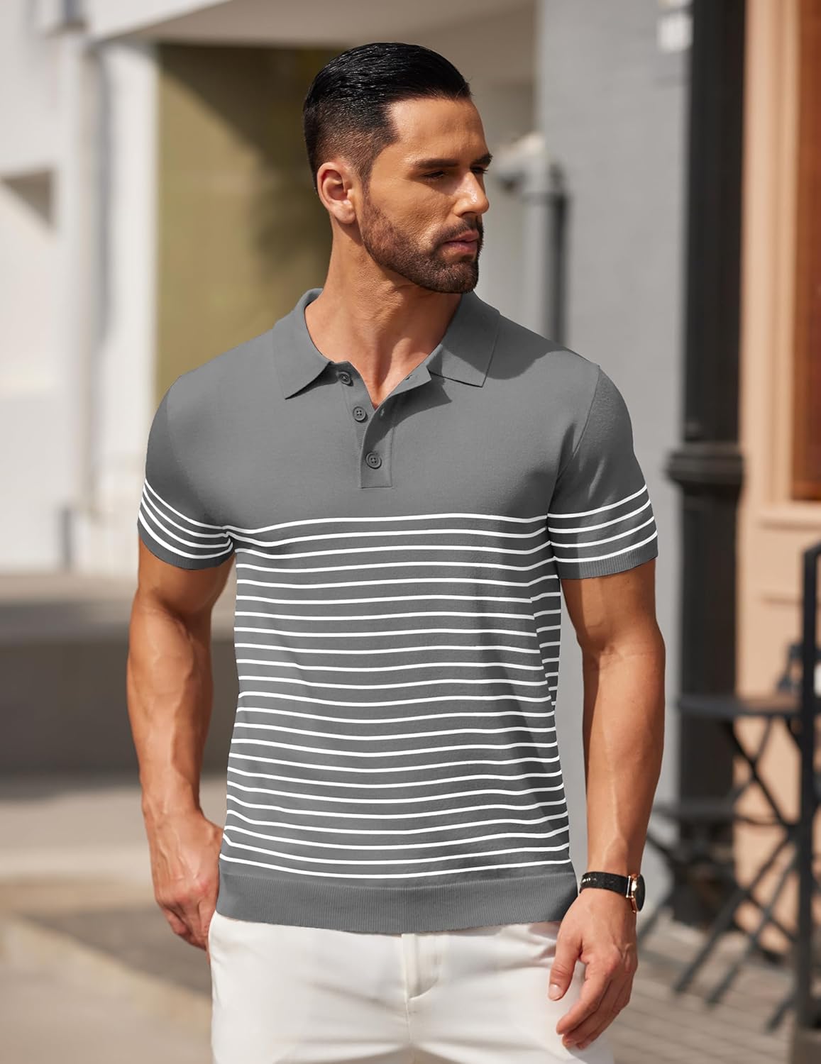 Camisa polo ligera a rayas para hombre - Camiseta de golf informal manga corta con cuello - Imagen 153 de 164