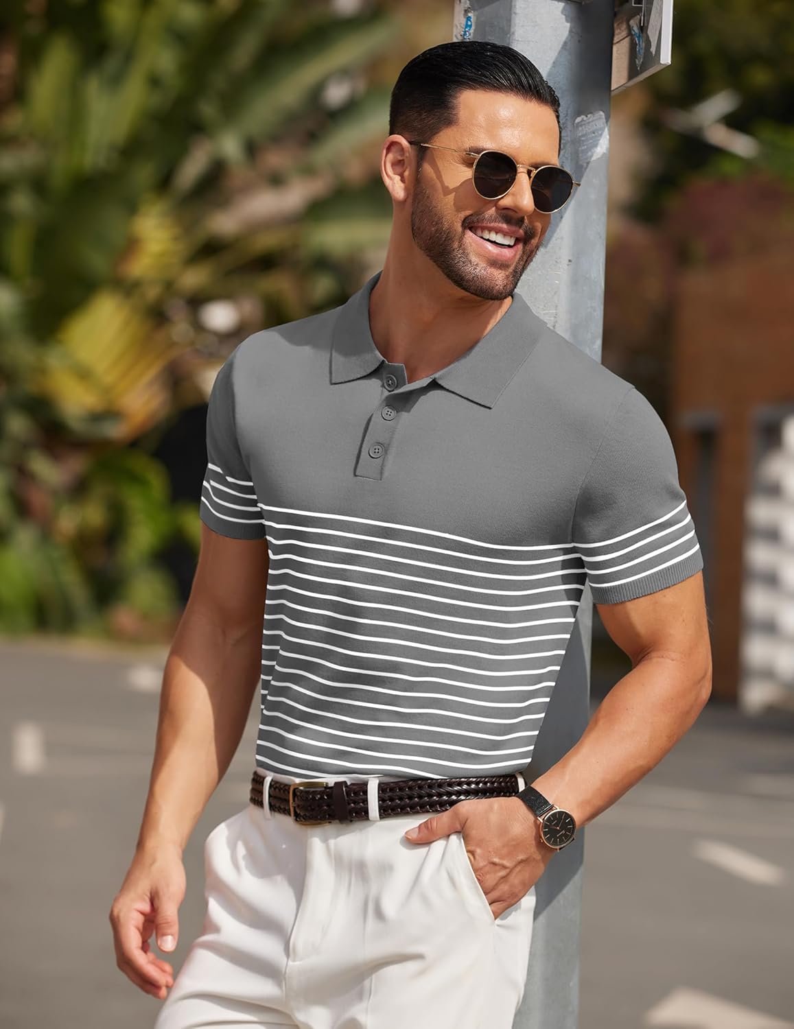 Camisa polo ligera a rayas para hombre - Camiseta de golf informal manga corta con cuello - Imagen 155 de 164
