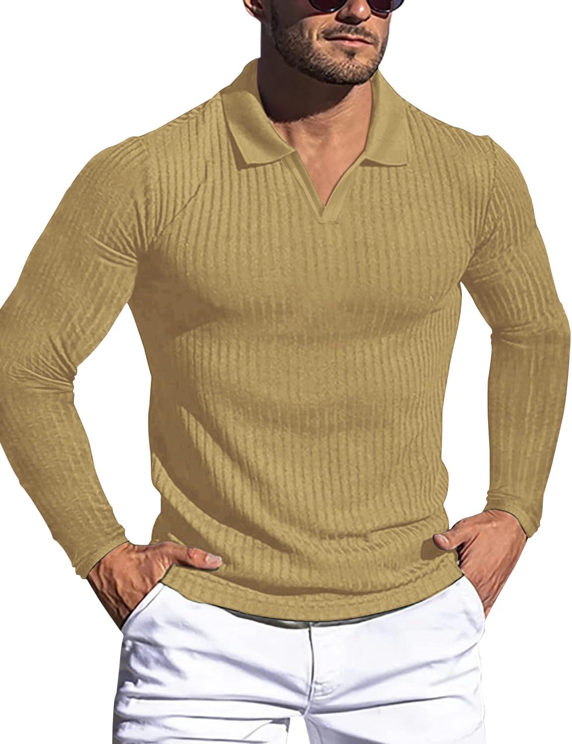 Men's Slim Fit Muscle V Neck Polo Shirt - Short Long Sleeve Cotton Golf Tee - Picture 91 of 162