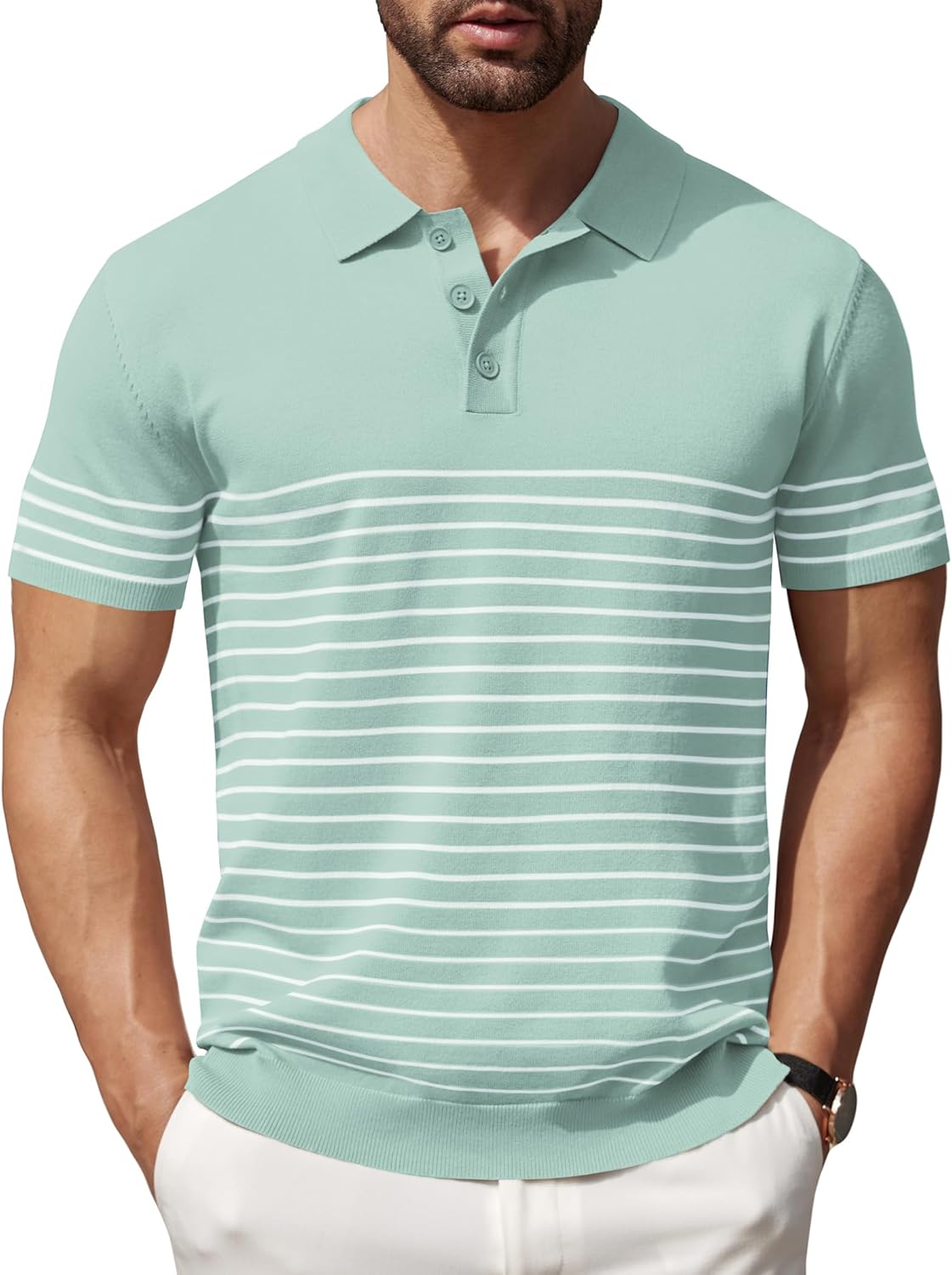 Camisa polo ligera a rayas para hombre - Camiseta de golf informal manga corta con cuello - Imagen 158 de 164