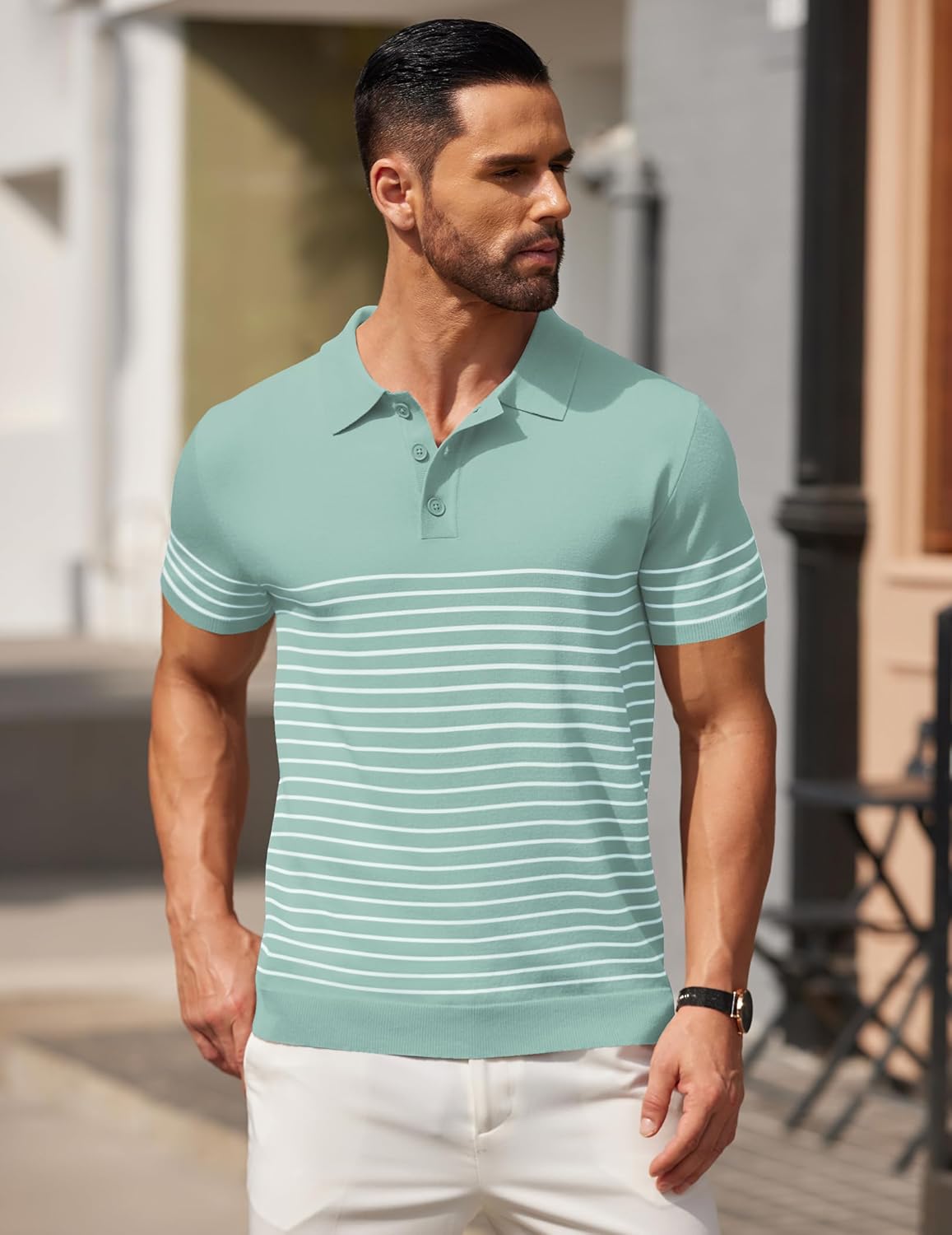 Camisa polo ligera a rayas para hombre - Camiseta de golf informal manga corta con cuello - Imagen 159 de 164