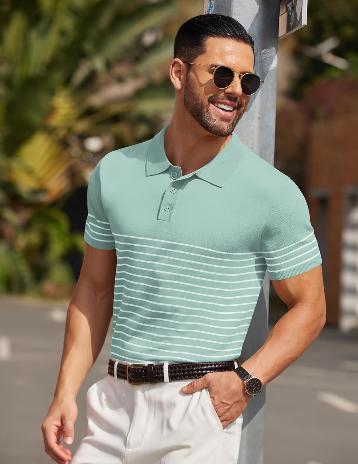 Camisa polo ligera a rayas para hombre - Camiseta de golf informal manga corta con cuello - Imagen 161 de 164