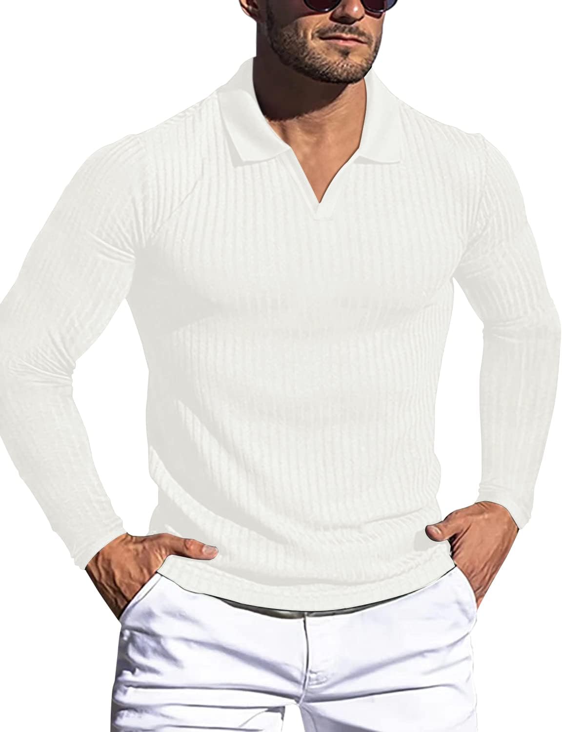 Men's Slim Fit Muscle V Neck Polo Shirt - Short Long Sleeve Cotton Golf Tee - Picture 97 of 162