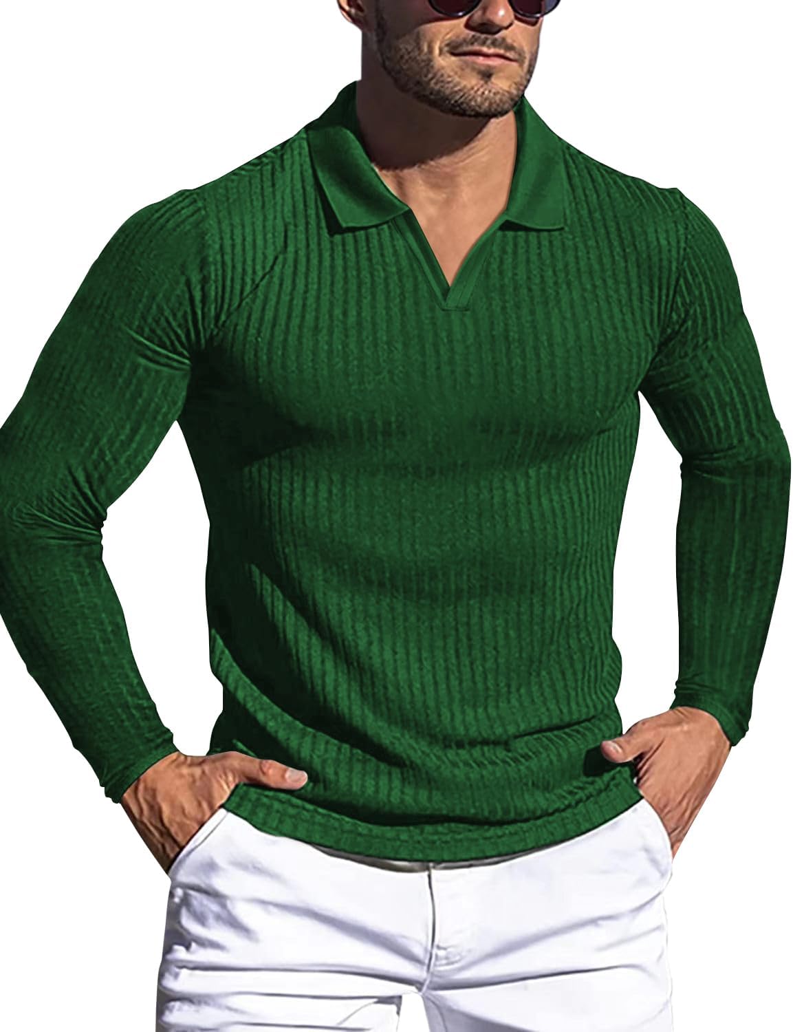 Men's Slim Fit Muscle V Neck Polo Shirt - Short Long Sleeve Cotton Golf Tee - Picture 100 of 162