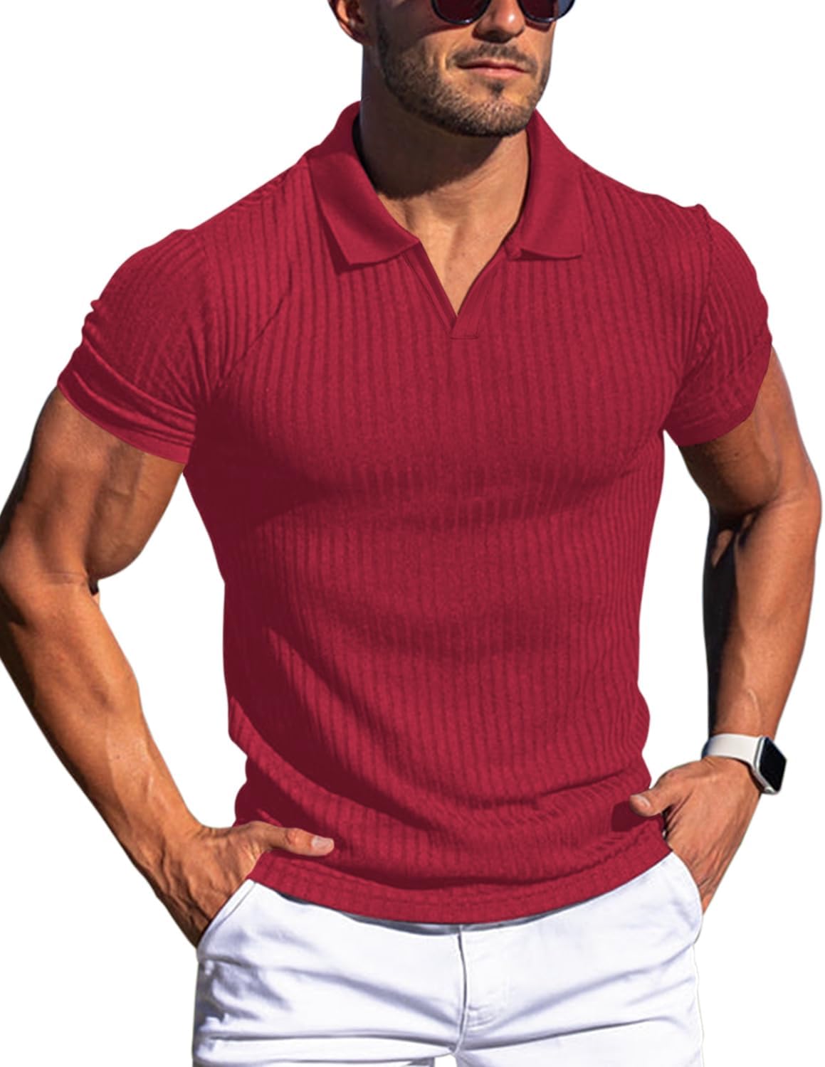 Men's Slim Fit Muscle V Neck Polo Shirt - Short Long Sleeve Cotton Golf Tee - Picture 106 of 162