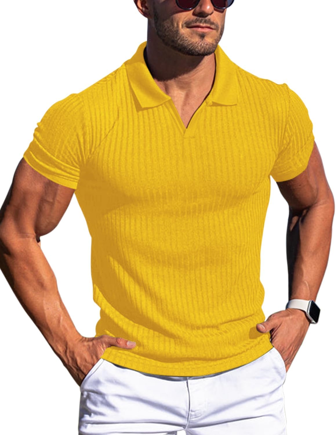 Men's Slim Fit Muscle V Neck Polo Shirt - Short Long Sleeve Cotton Golf Tee - Picture 112 of 162