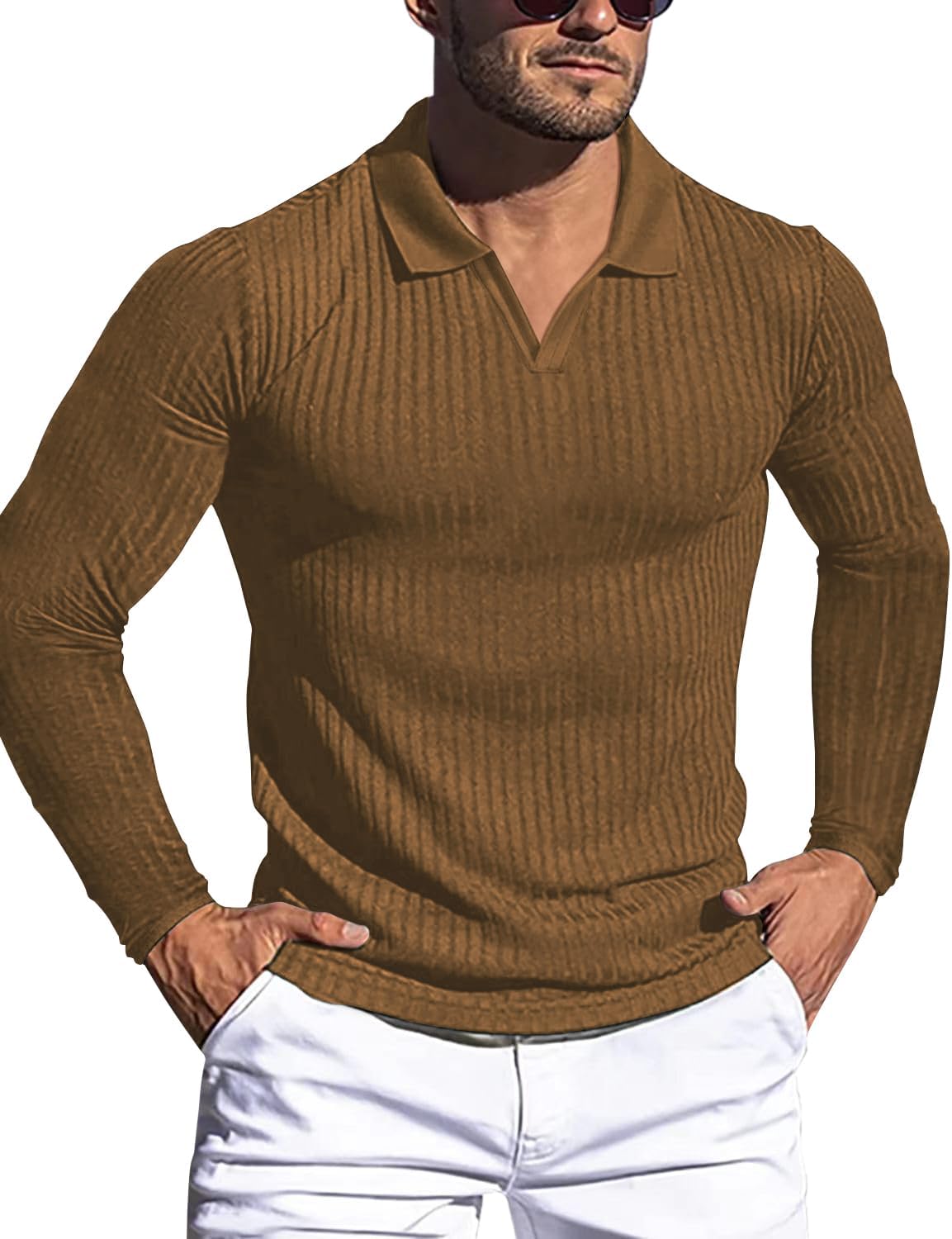 Men's Slim Fit Muscle V Neck Polo Shirt - Short Long Sleeve Cotton Golf Tee - Picture 118 of 162