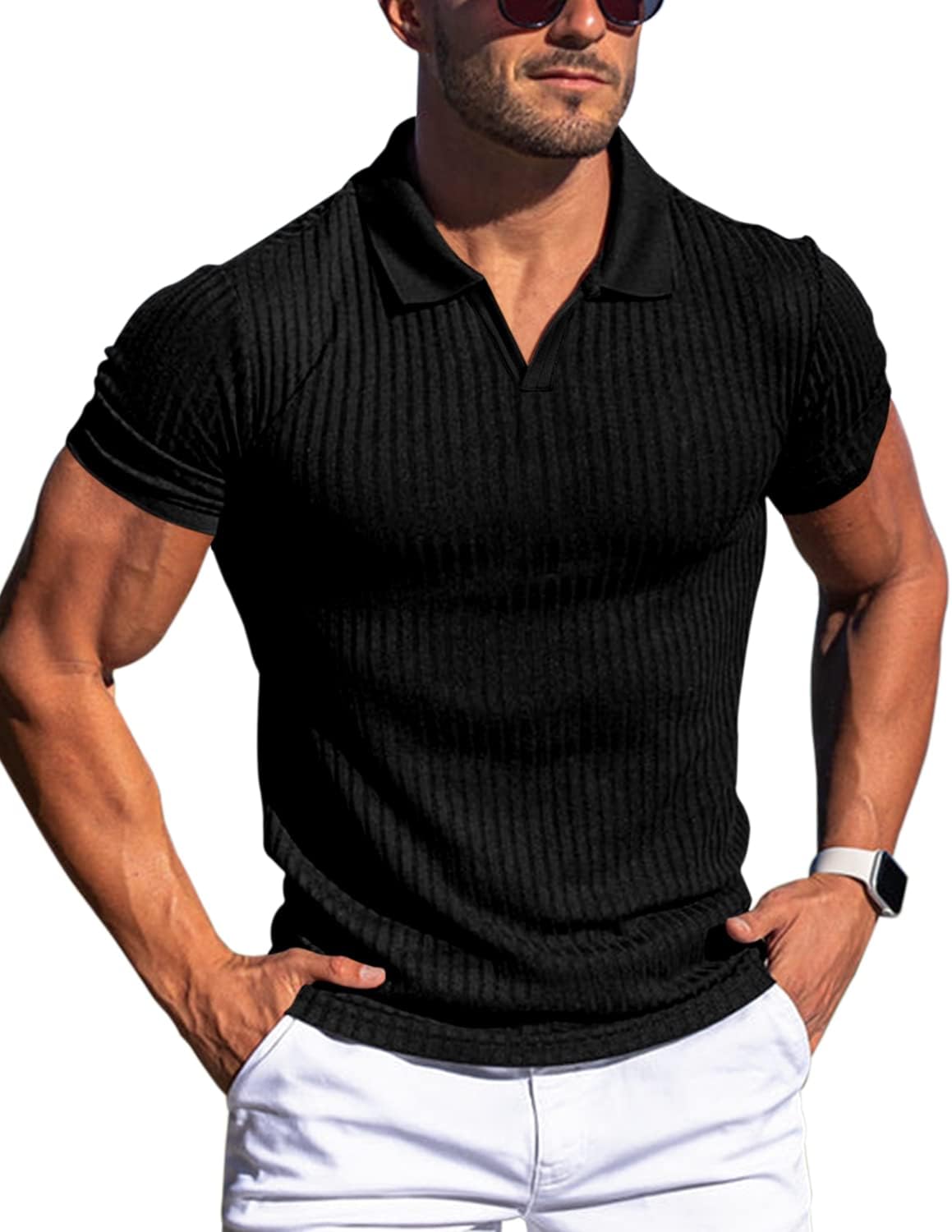 Men's Slim Fit Muscle V Neck Polo Shirt - Short Long Sleeve Cotton Golf Tee - Picture 124 of 162