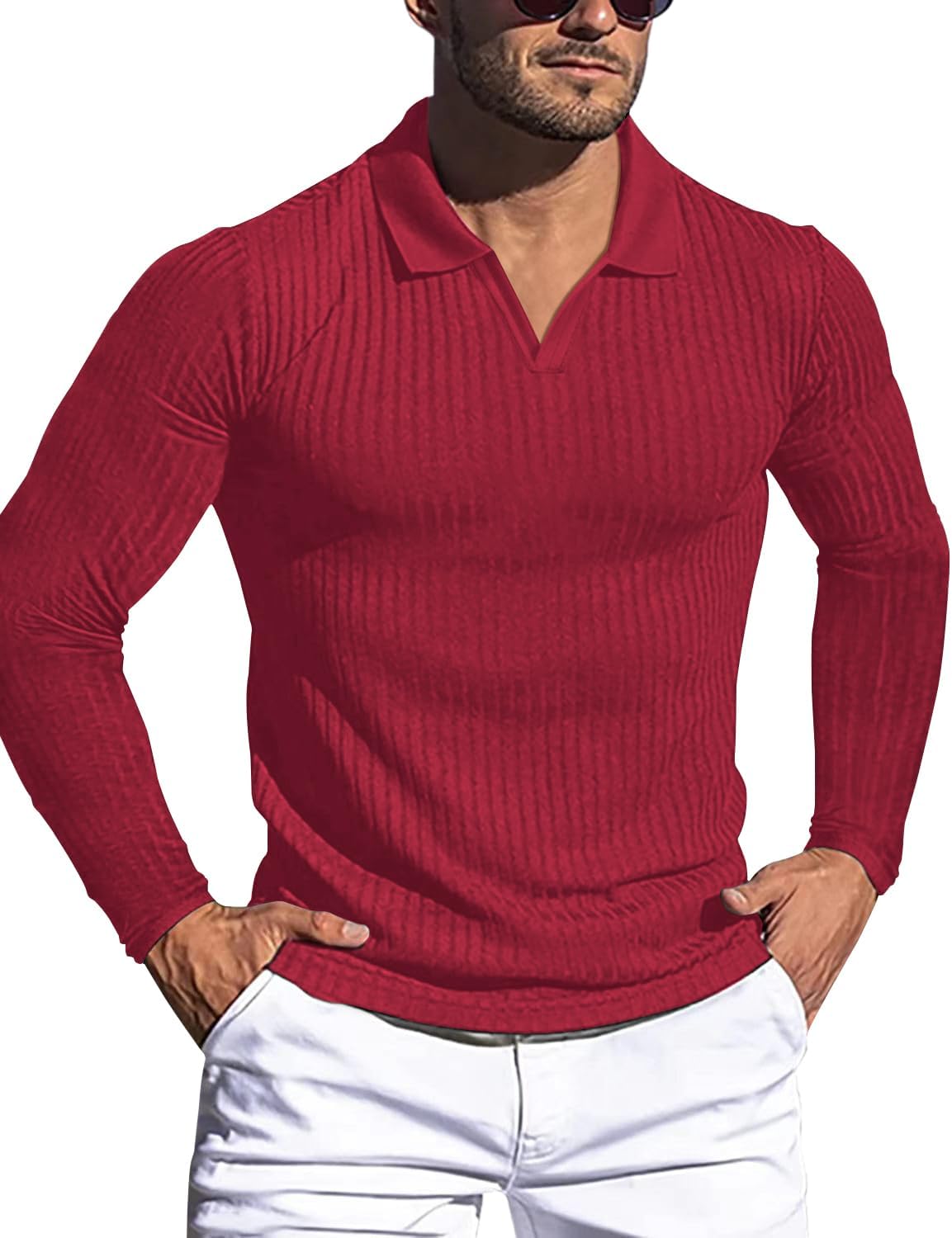 Men's Slim Fit Muscle V Neck Polo Shirt - Short Long Sleeve Cotton Golf Tee - Picture 127 of 162