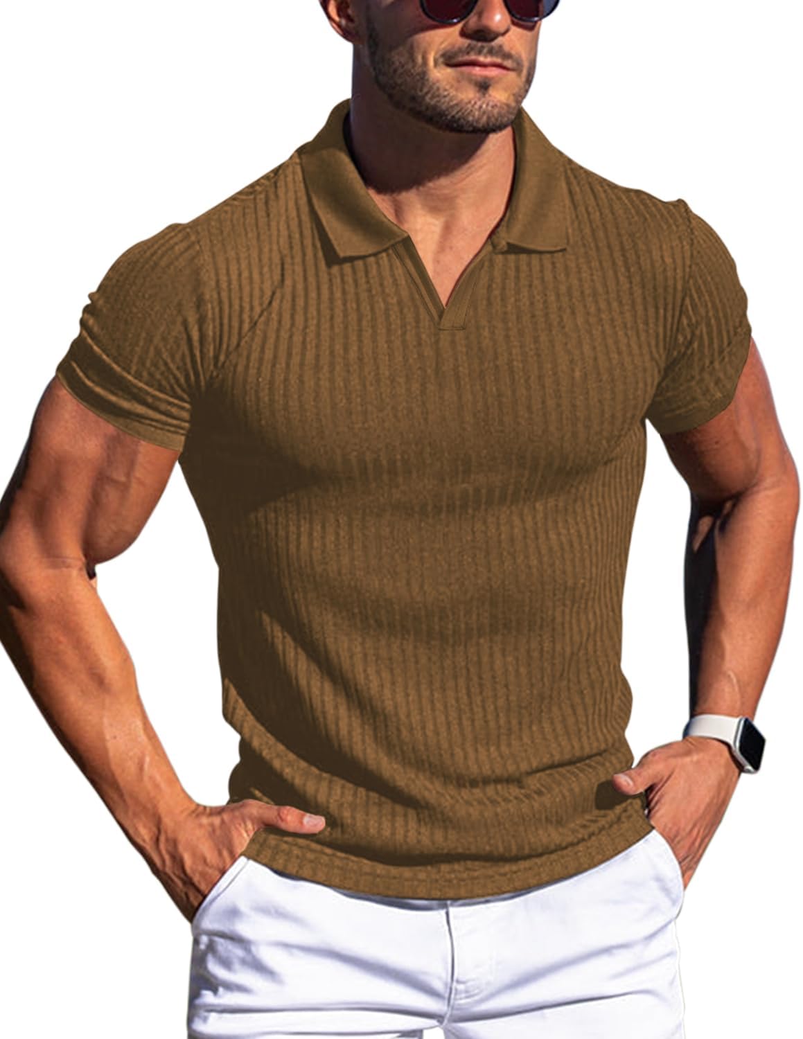 Men's Slim Fit Muscle V Neck Polo Shirt - Short Long Sleeve Cotton Golf Tee - Picture 130 of 162