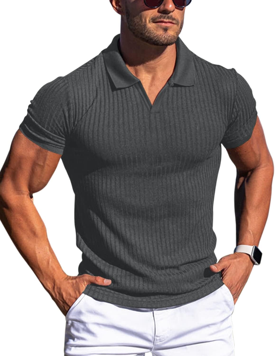 Men's Slim Fit Muscle V Neck Polo Shirt - Short Long Sleeve Cotton Golf Tee - Picture 133 of 162
