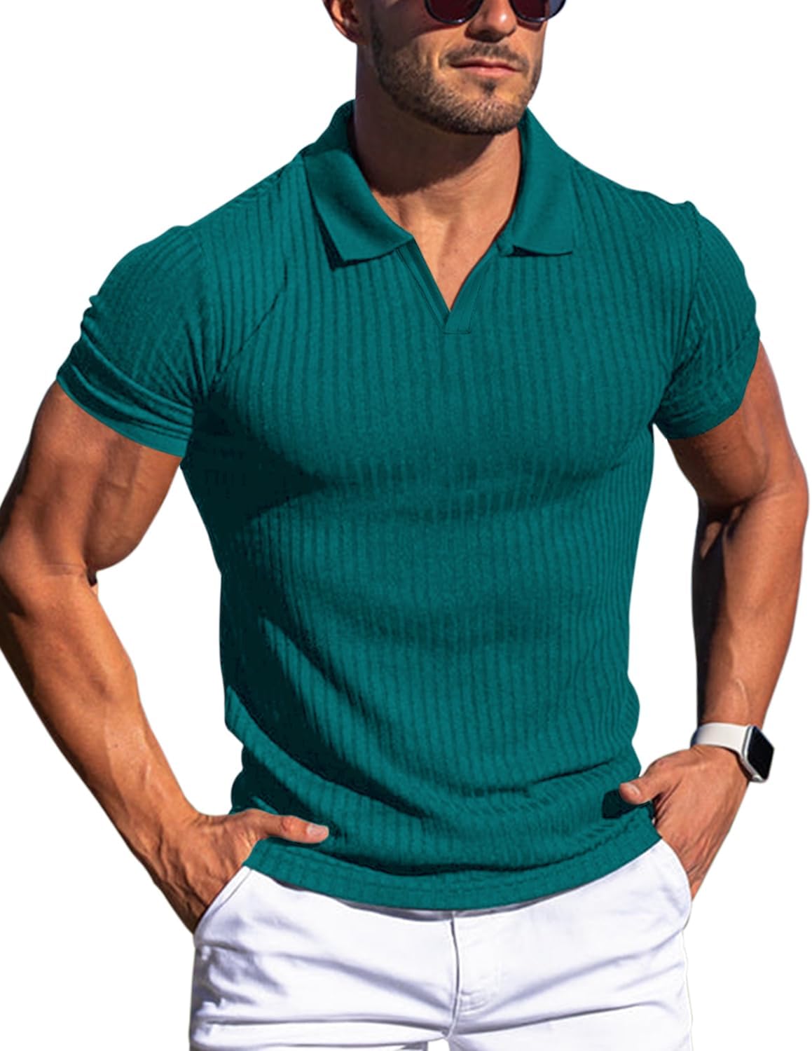 Men's Slim Fit Muscle V Neck Polo Shirt - Short Long Sleeve Cotton Golf Tee - Picture 136 of 162