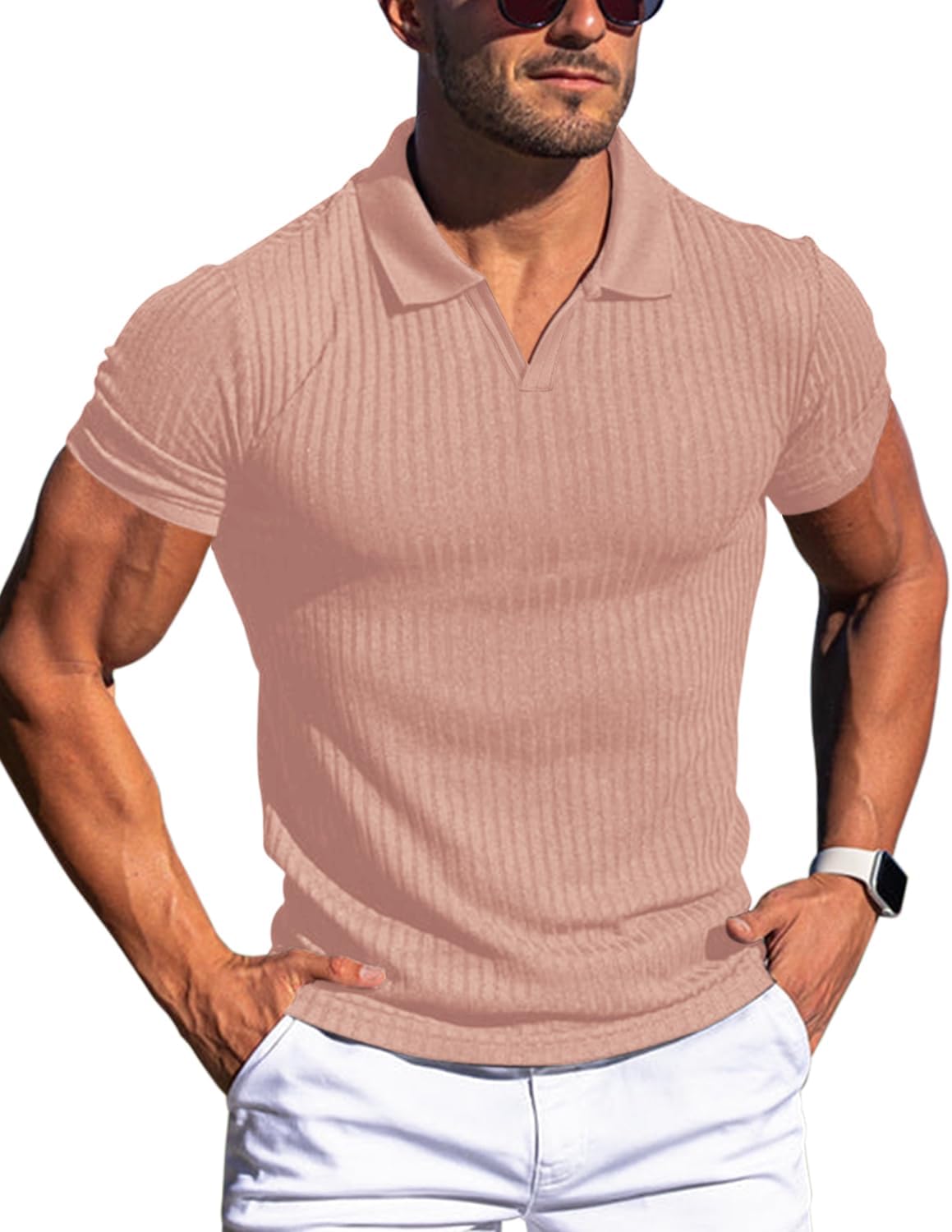 Men's Slim Fit Muscle V Neck Polo Shirt - Short Long Sleeve Cotton Golf Tee - Picture 141 of 162