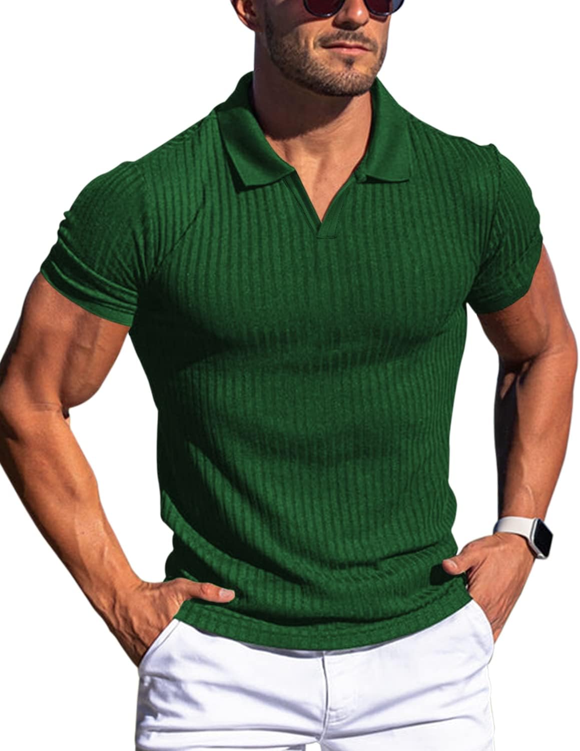 Men's Slim Fit Muscle V Neck Polo Shirt - Short Long Sleeve Cotton Golf Tee - Picture 147 of 162