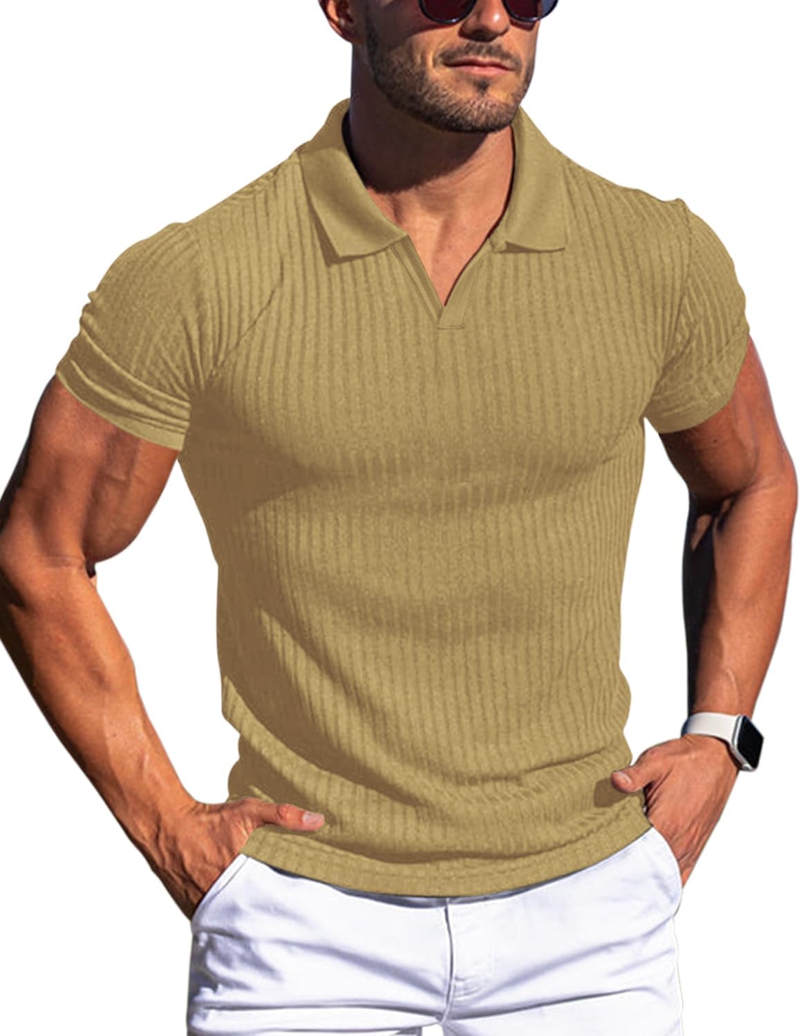 Men's Slim Fit Muscle V Neck Polo Shirt - Short Long Sleeve Cotton Golf Tee - Picture 151 of 162