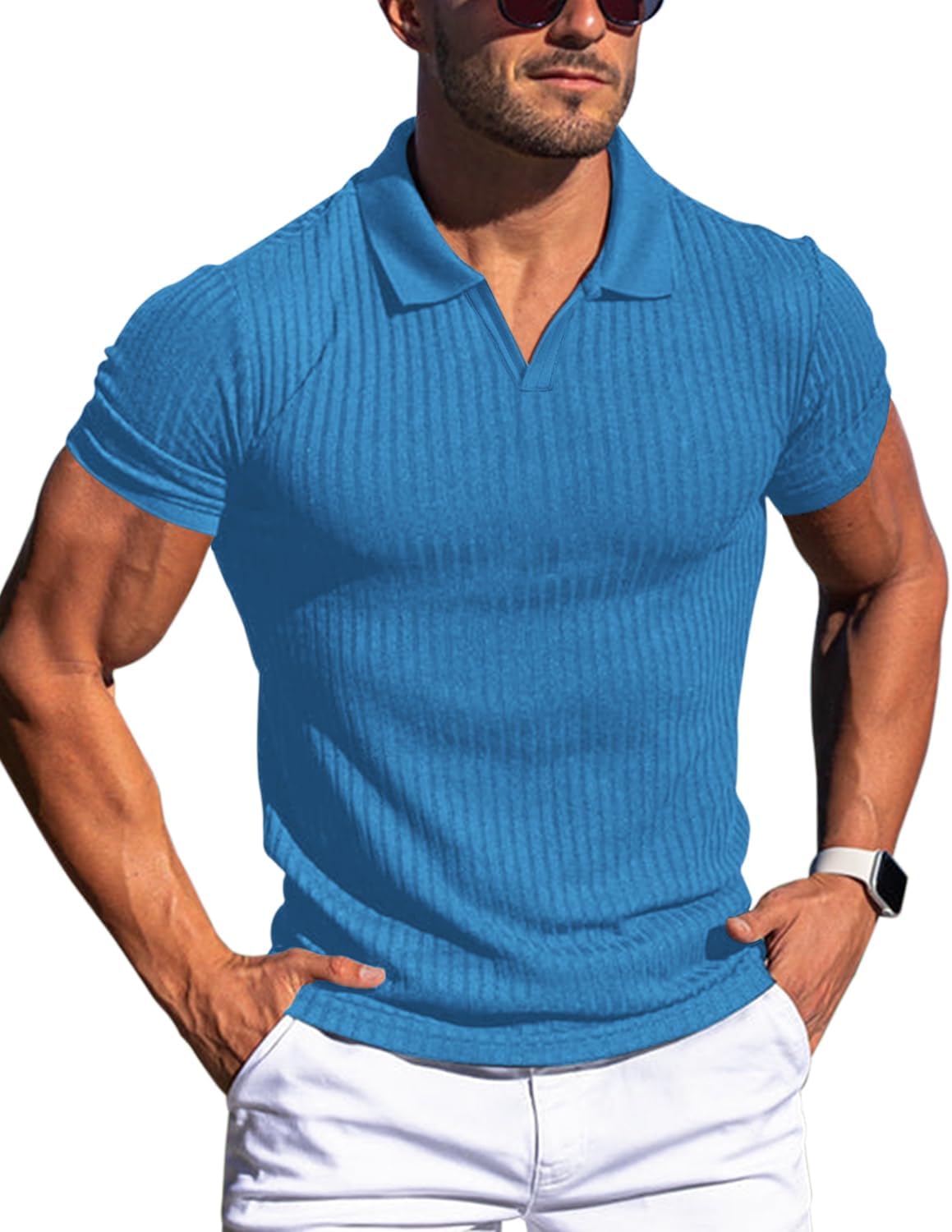 Men's Slim Fit Muscle V Neck Polo Shirt - Short Long Sleeve Cotton Golf Tee - Picture 154 of 162