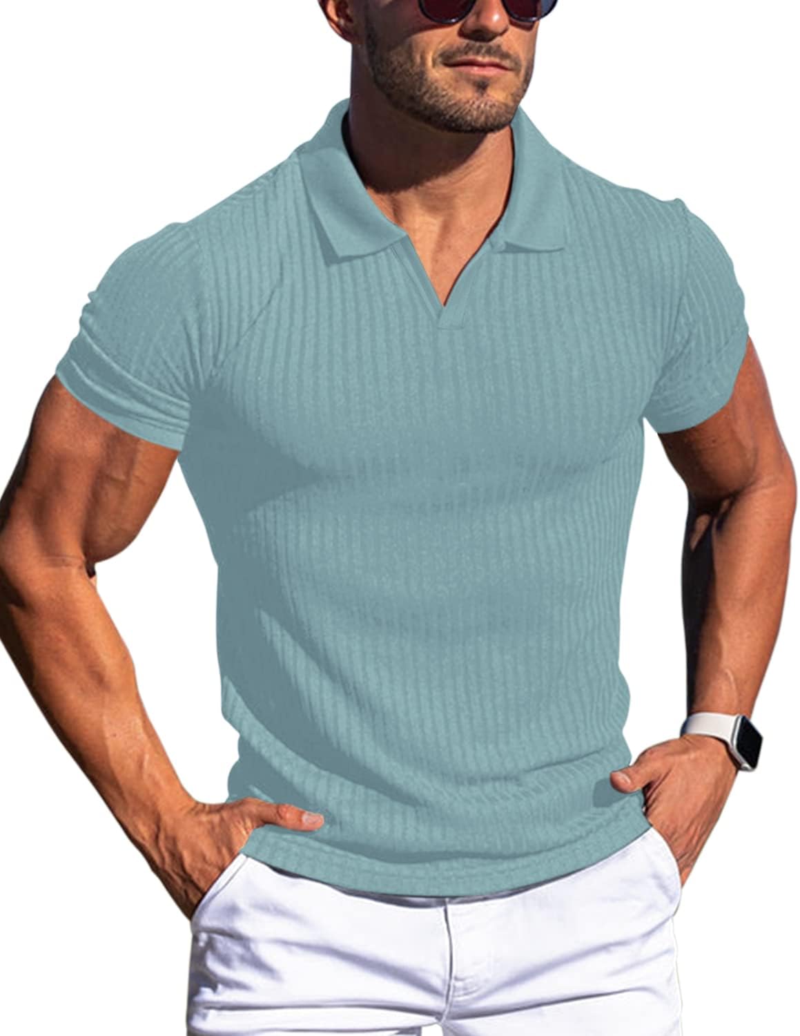 Men's Slim Fit Muscle V Neck Polo Shirt - Short Long Sleeve Cotton Golf Tee - Picture 157 of 162