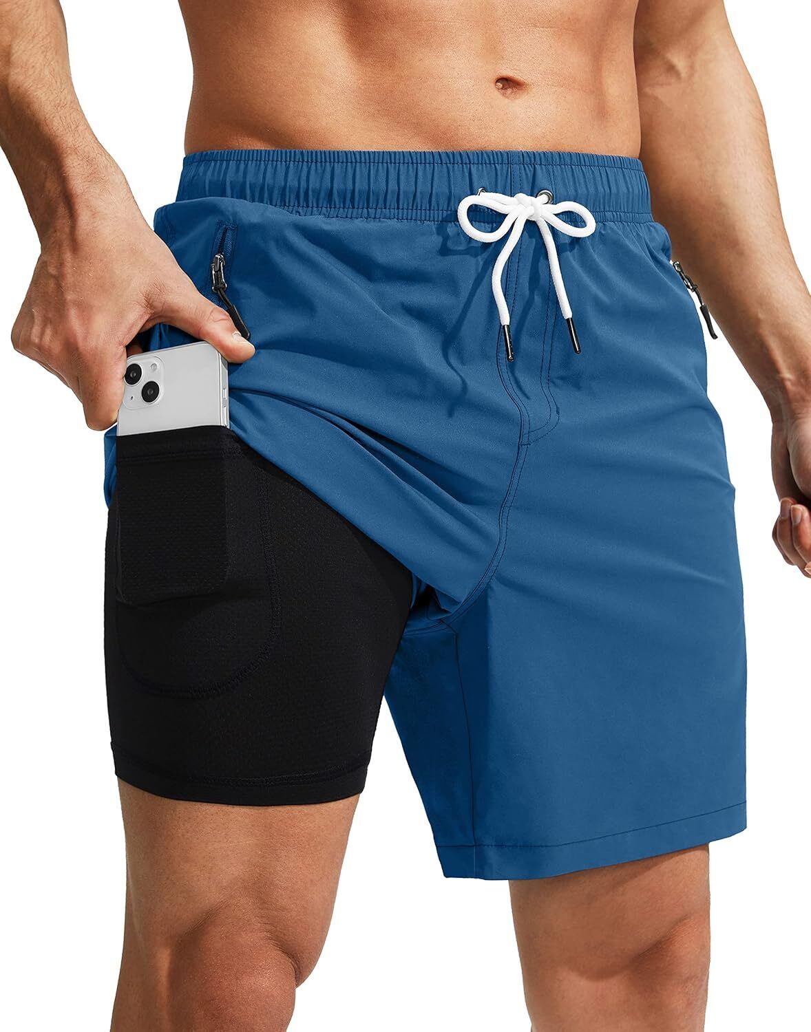 Mens Swim Trunks with Compression Liner Quick Dry Board Shorts Swimsuit Swimwear - Picture 39 of 42