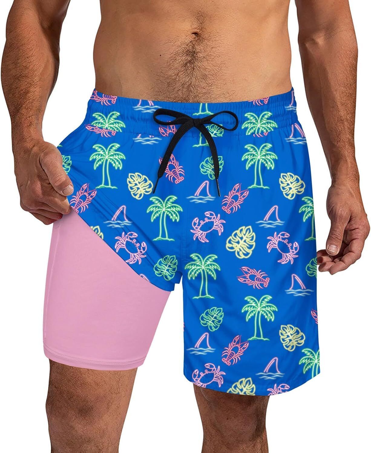 Mens Swim Trunks Compression Liner Quick Dry Swimsuit Swim Shorts Phone Pocket - Picture 58 of 147
