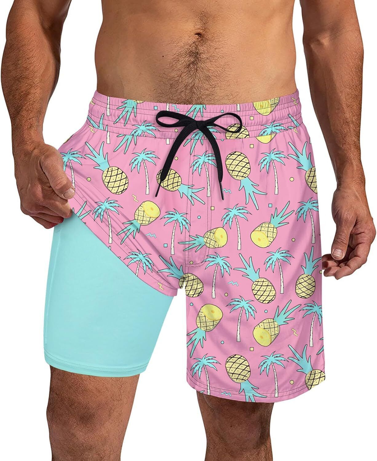 Mens Swim Trunks Compression Liner Quick Dry Swimsuit Swim Shorts Phone Pocket - Picture 60 of 147