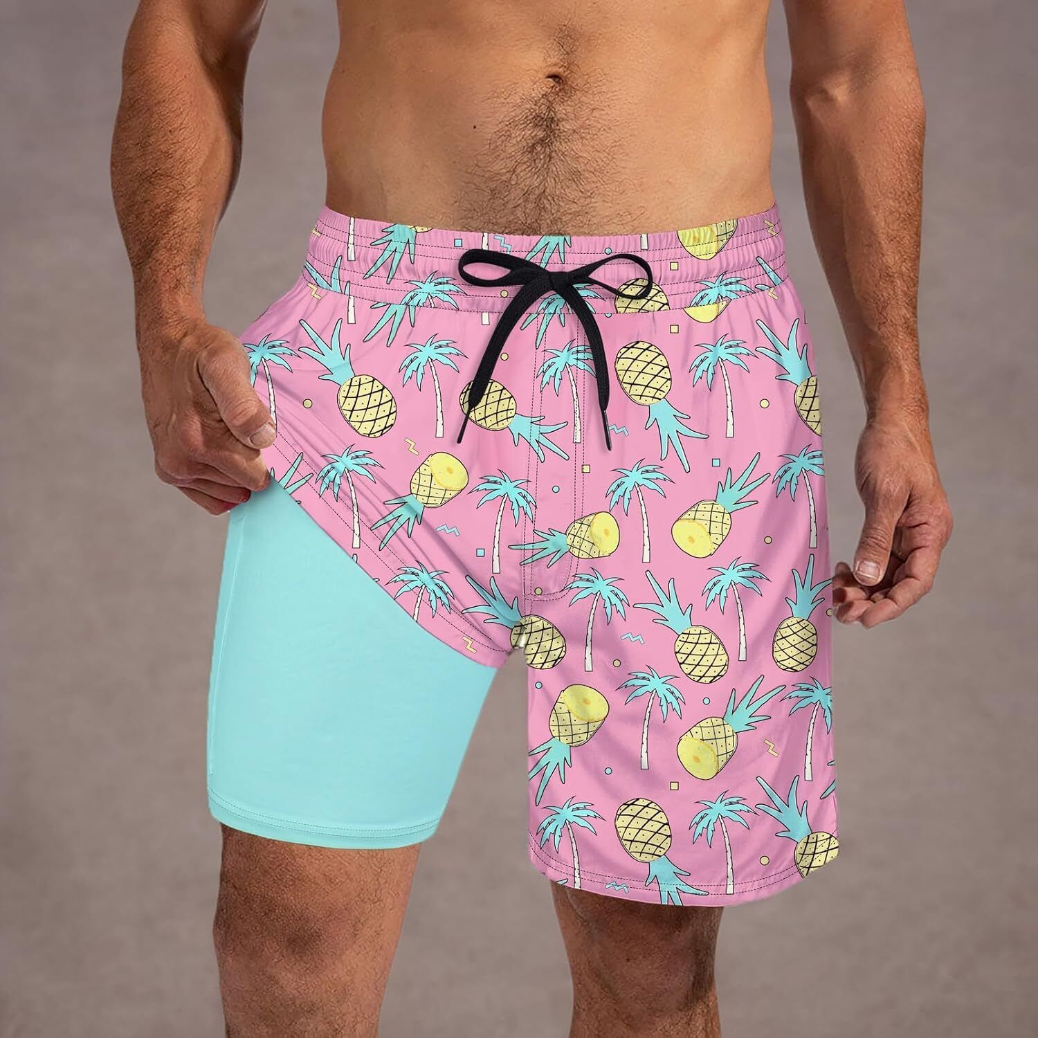 Mens Swim Trunks Compression Liner Quick Dry Swimsuit Swim Shorts Phone Pocket - Picture 64 of 147